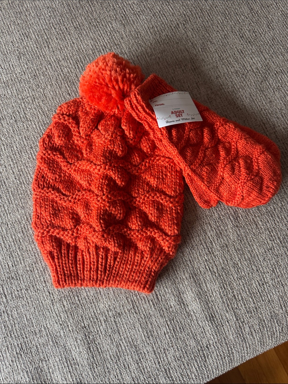 Adult Pom Pom Beanie and Mittens Set - Orange